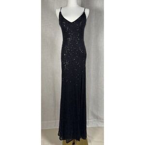 B Smart‎ Sz 9 Black Sequin Maxi Dress High Slit V-Neck Spaghetti Strap Prom Gown